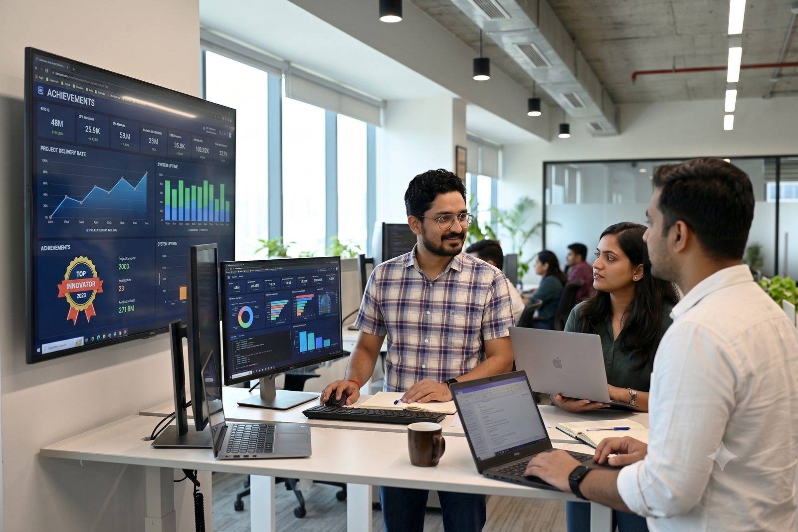 Eswar with a team in front of an achievements dashboard