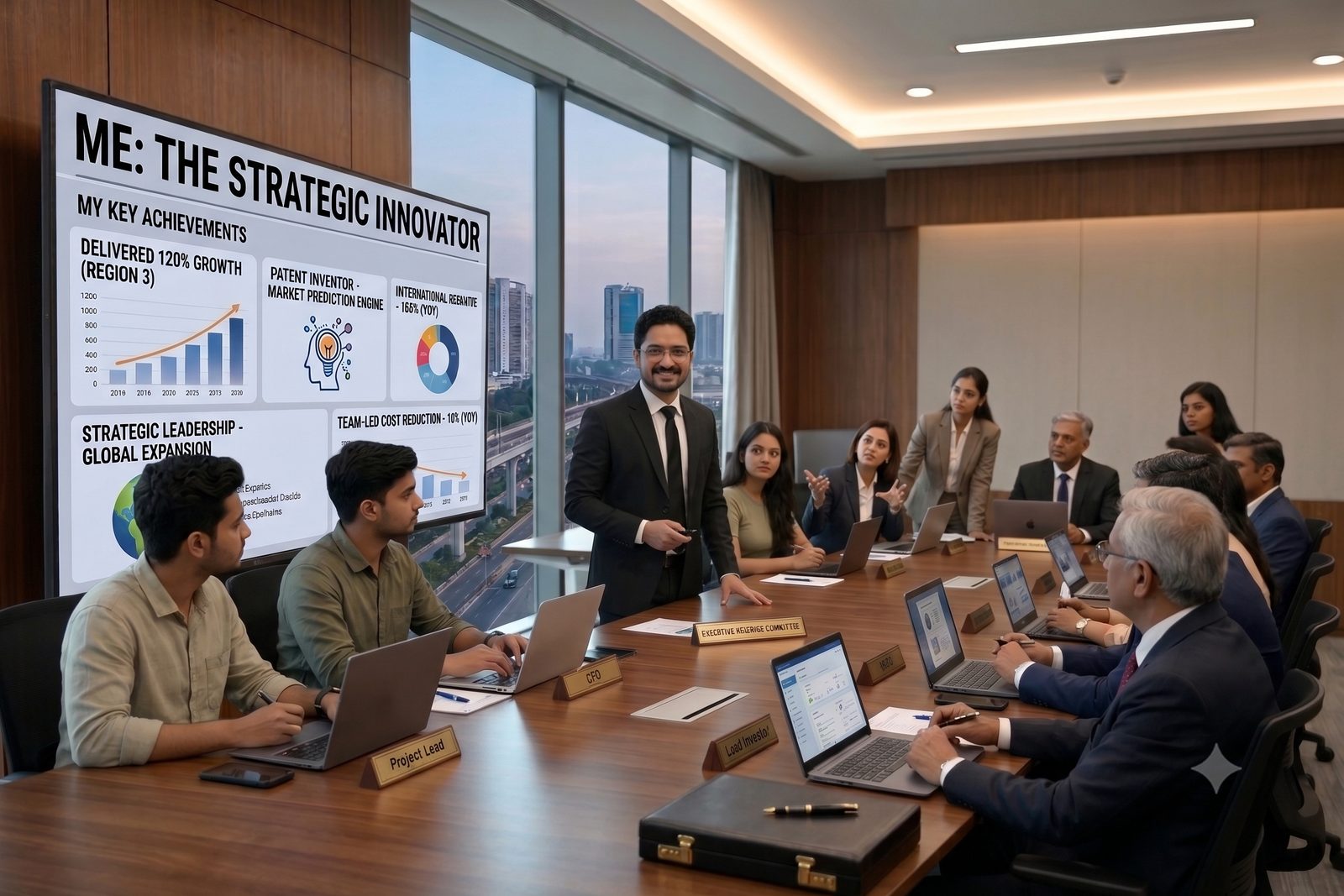 Eswar presenting key achievements to an executive committee in a boardroom