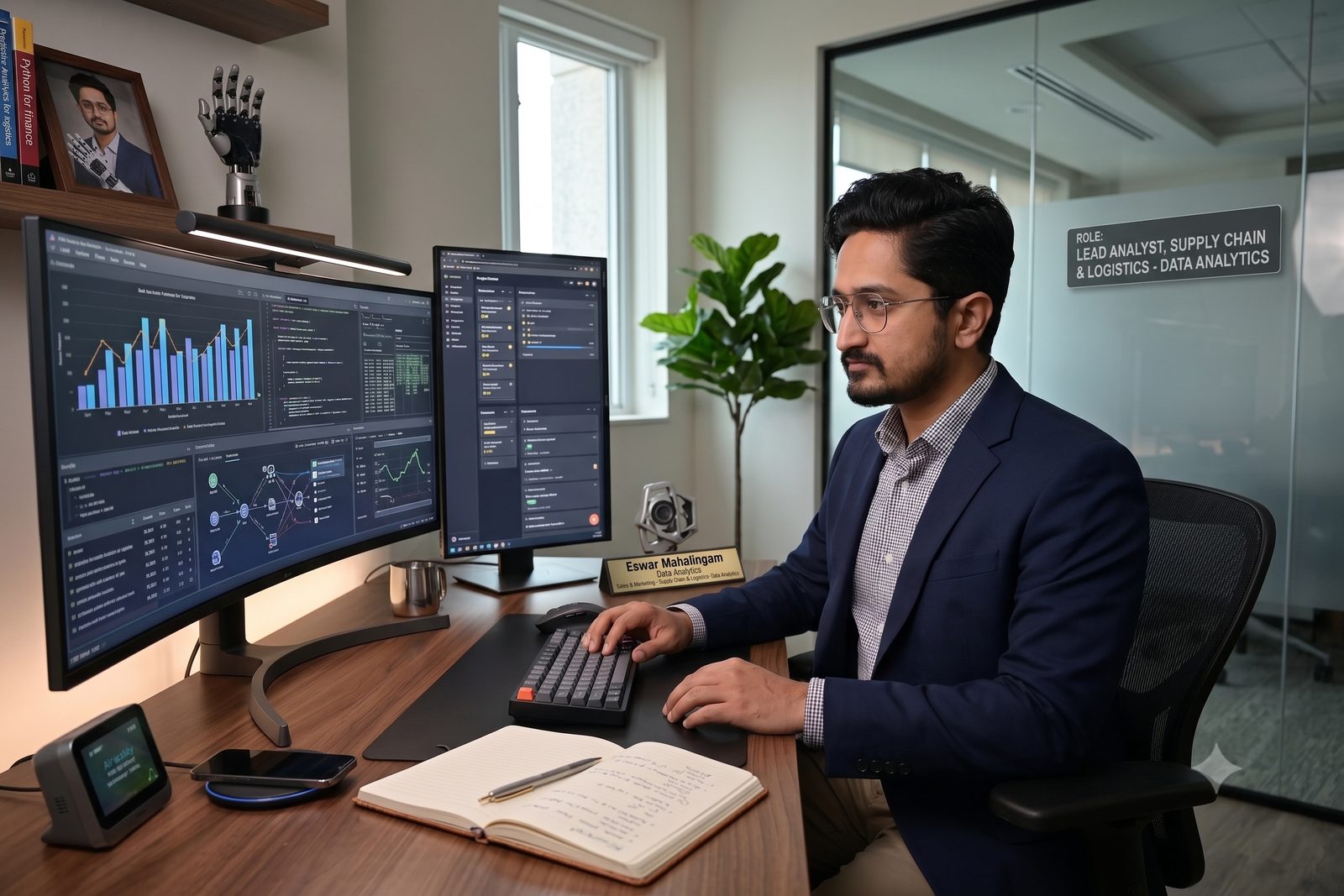 Eswar at a lead analyst desk with supply-chain analytics dashboards