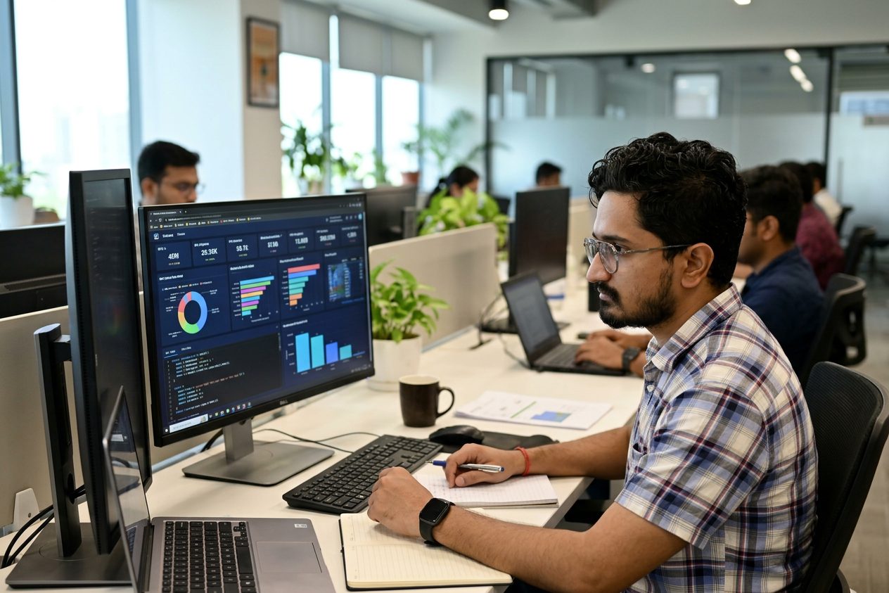 Eswar taking notes at an office desk with an analytics dashboard