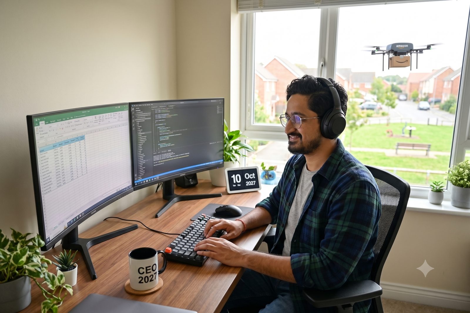 Eswar learning at home with Excel and Python open on two monitors