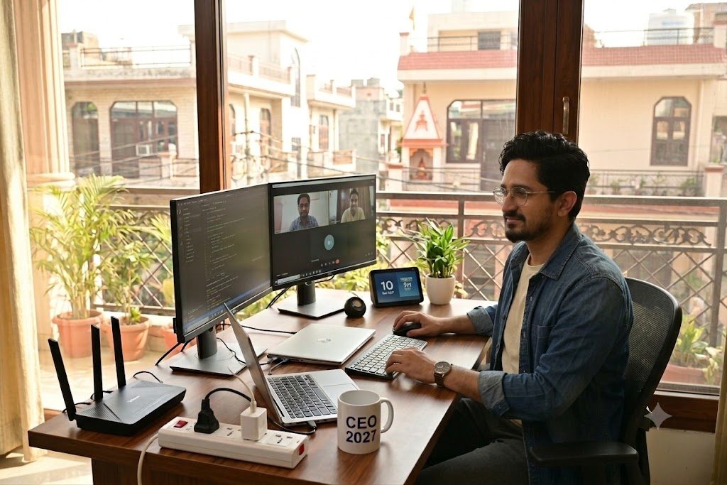 Eswar on a video call at his home desk in Ghaziabad
